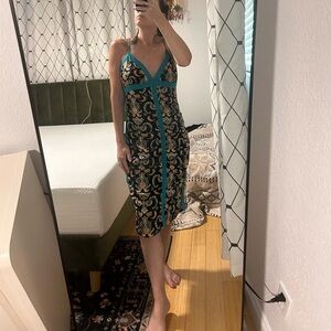 Nicole Miller Black and Teal Patterned Dress